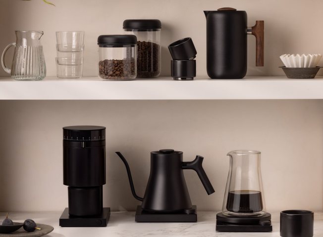 Fellow product lineup: grinder, kettle and canisters on shelves